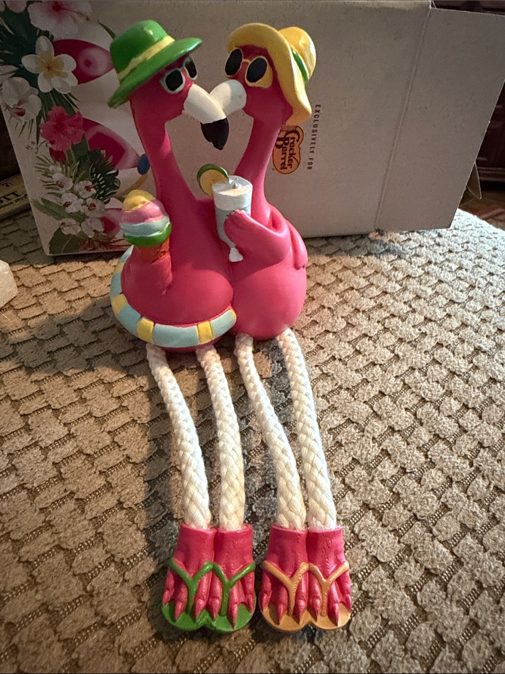 Cracker Barrel Pink Flamingo Couple Shelf MM my Decor with Green and Yellow Hats
